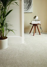 Inglewood Saxony ganache smooth carpet in living room with plant and side table
