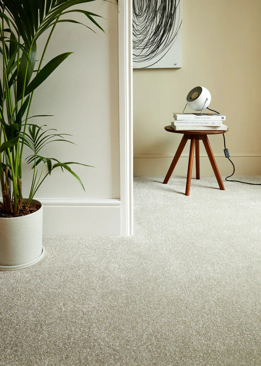 Inglewood Saxony ganache smooth carpet in living room with plant and side table