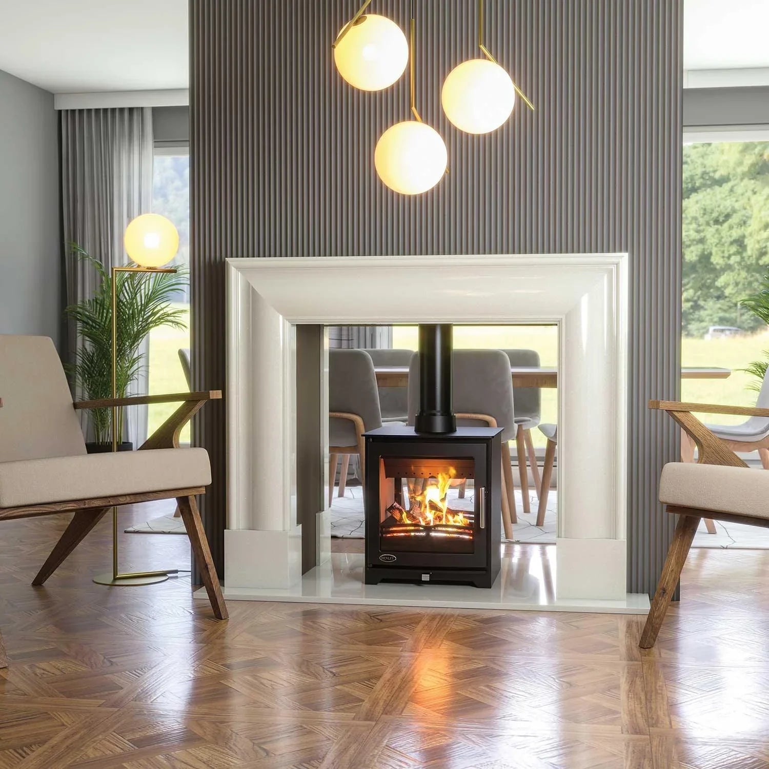 Modern living room with wood burning stove, cream fireplace, and parquet flooring