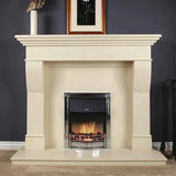 Cream marble fireplace with modern electric fire and chrome trim in living room setting
