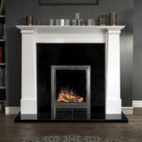 Polished polar white fireplace surround with black insert and contemporary electric fire