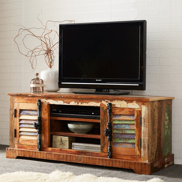 Coastal TV cabinet made from reclaimed wood, fully assembled and eco-friendly