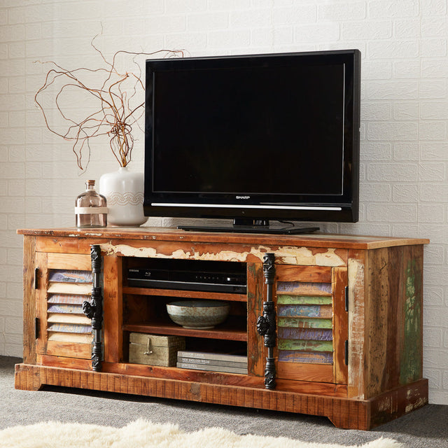 Coastal TV cabinet made from reclaimed wood, fully assembled and eco-friendly