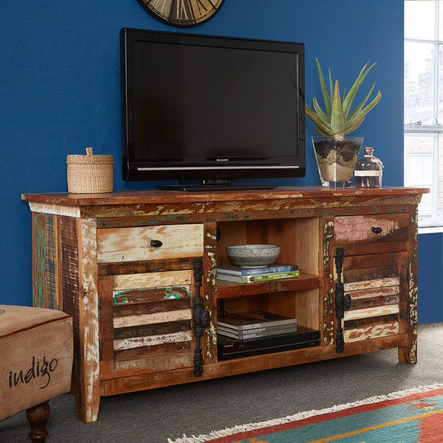 Coastal large TV media credenza made from reclaimed wood