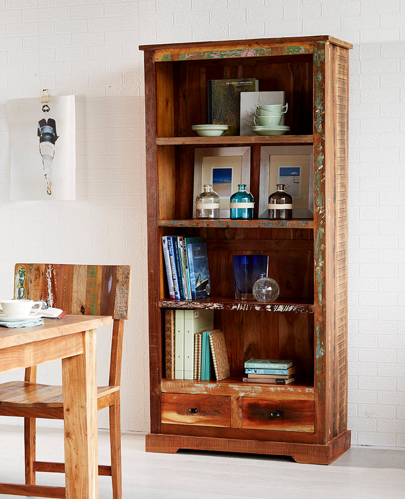 Coastal large bookcase made from reclaimed wood, showcasing eco-friendly craftsmanship