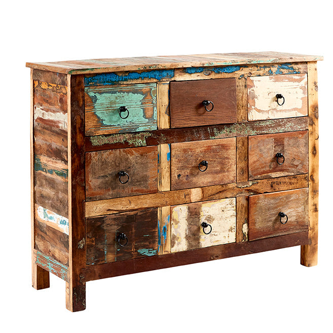 Coastal 9 Drawer Chest made from reclaimed wood, fully assembled