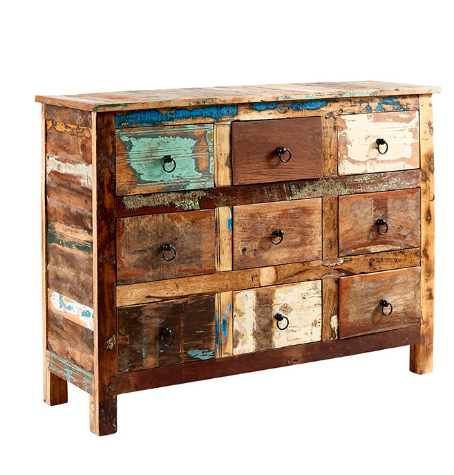 Coastal 9 Drawer Chest made from reclaimed wood, fully assembled