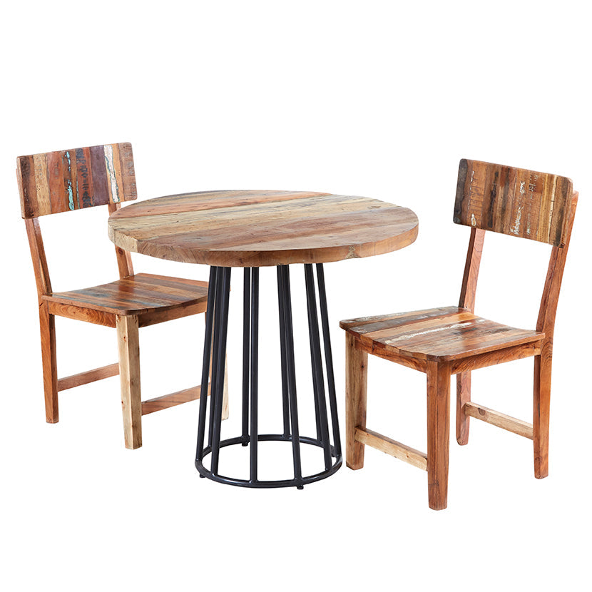 Coastal round dining table made from reclaimed wood, fully assembled