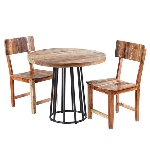 Coastal round dining table made from reclaimed wood, fully assembled