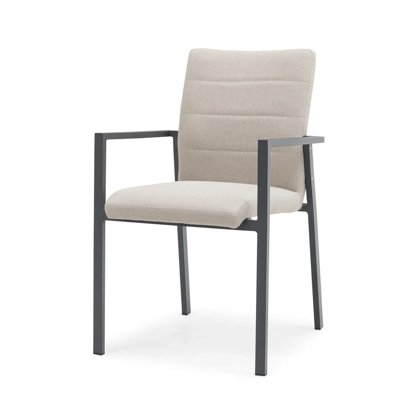 Beige upholstered dining chair with black metal frame and armrests, front angle view