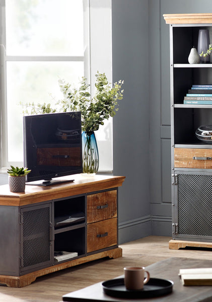 Metropolis Industrial TV media unit made of acacia wood with open shelves and drawers
