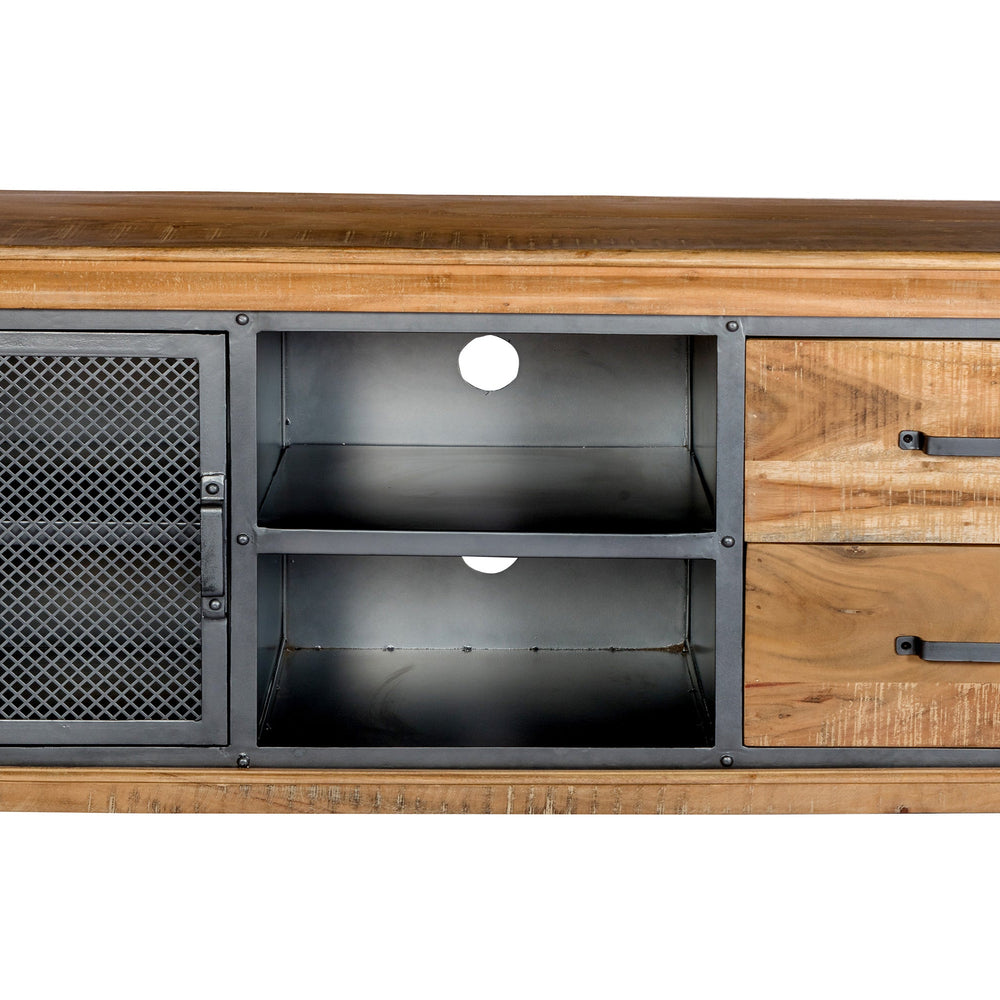 Metropolis Industrial TV media unit made of acacia wood with open shelves and drawers