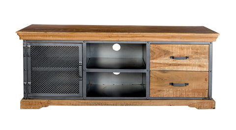 Metropolis Industrial TV media unit made of acacia wood with open shelves and drawers