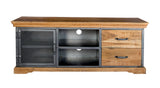 Metropolis Industrial TV media unit made of acacia wood with open shelves and drawers