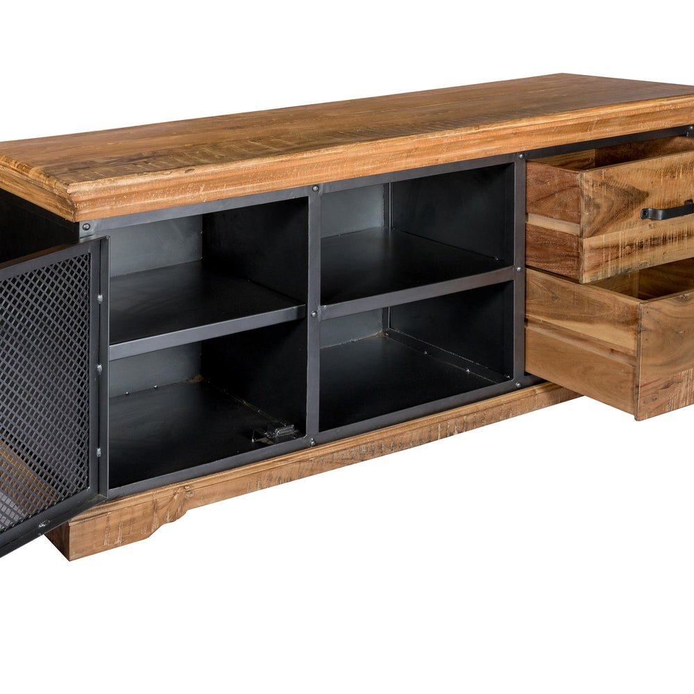 Metropolis Industrial TV media unit made of acacia wood with open shelves and drawers