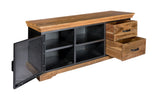 Metropolis Industrial TV media unit made of acacia wood with open shelves and drawers