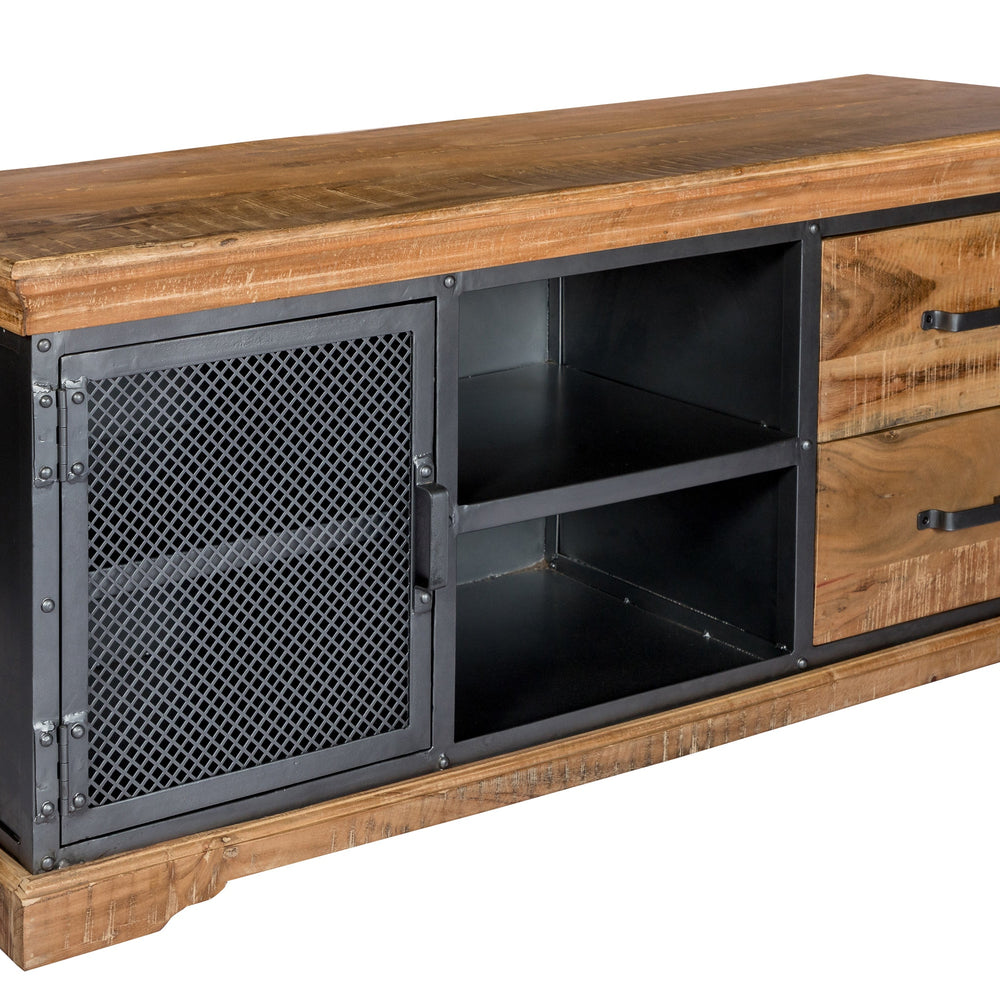 Metropolis Industrial TV media unit made of acacia wood with open shelves and drawers