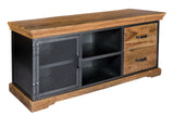 Metropolis Industrial TV media unit made of acacia wood with open shelves and drawers