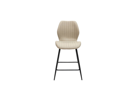 A modern bar stool with a ribbed beige upholstered seat and backrest, supported by slim black metal legs, shown against a plain white background.