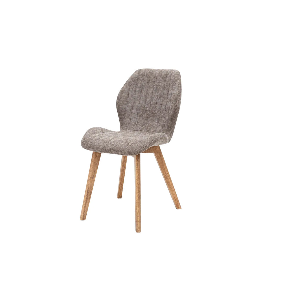 A modern dining chair with a textured taupe-gray upholstered seat and backrest, supported by four tapered light oak legs, shown against a plain white background.