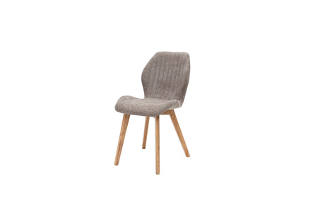 A modern dining chair with a textured taupe-gray upholstered seat and backrest, supported by four tapered light oak legs, shown against a plain white background.