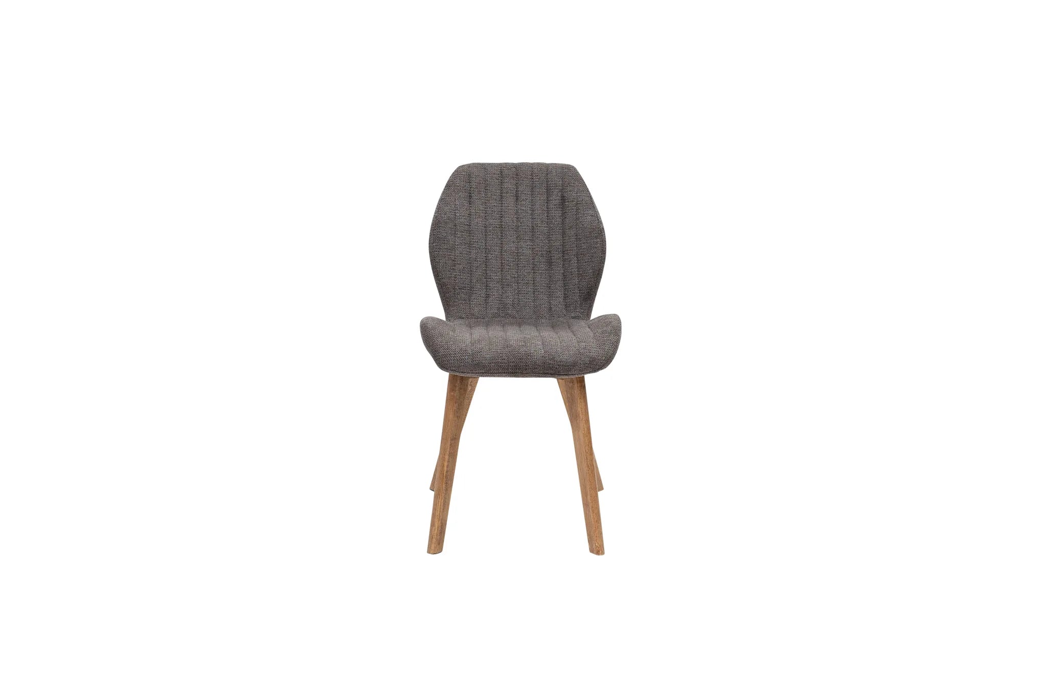 A modern dining chair with a textured gray upholstered seat and backrest, supported by four tapered light brown wooden legs, shown against a plain white background.
