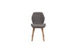 A modern dining chair with a textured gray upholstered seat and backrest, supported by four tapered light brown wooden legs, shown against a plain white background.