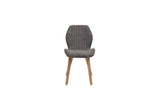 A modern dining chair with a textured gray upholstered seat and backrest, supported by four tapered light brown wooden legs, shown against a plain white background.