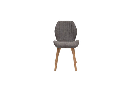 A modern dining chair with a textured gray upholstered seat and backrest, supported by four tapered light brown wooden legs, shown against a plain white background.