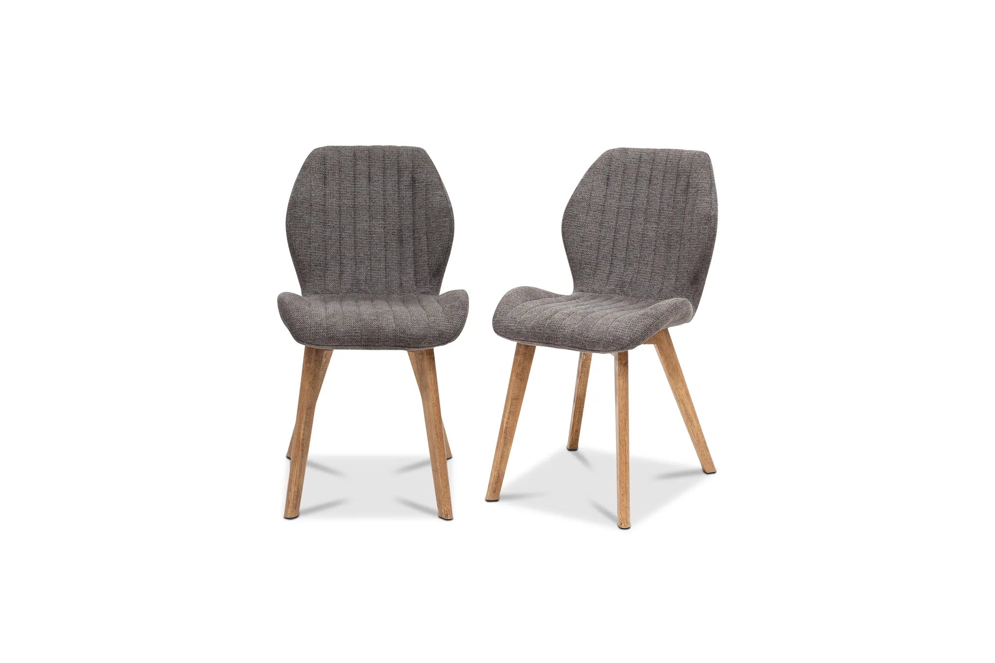 Two gray upholstered chairs with wooden legs on a white background
