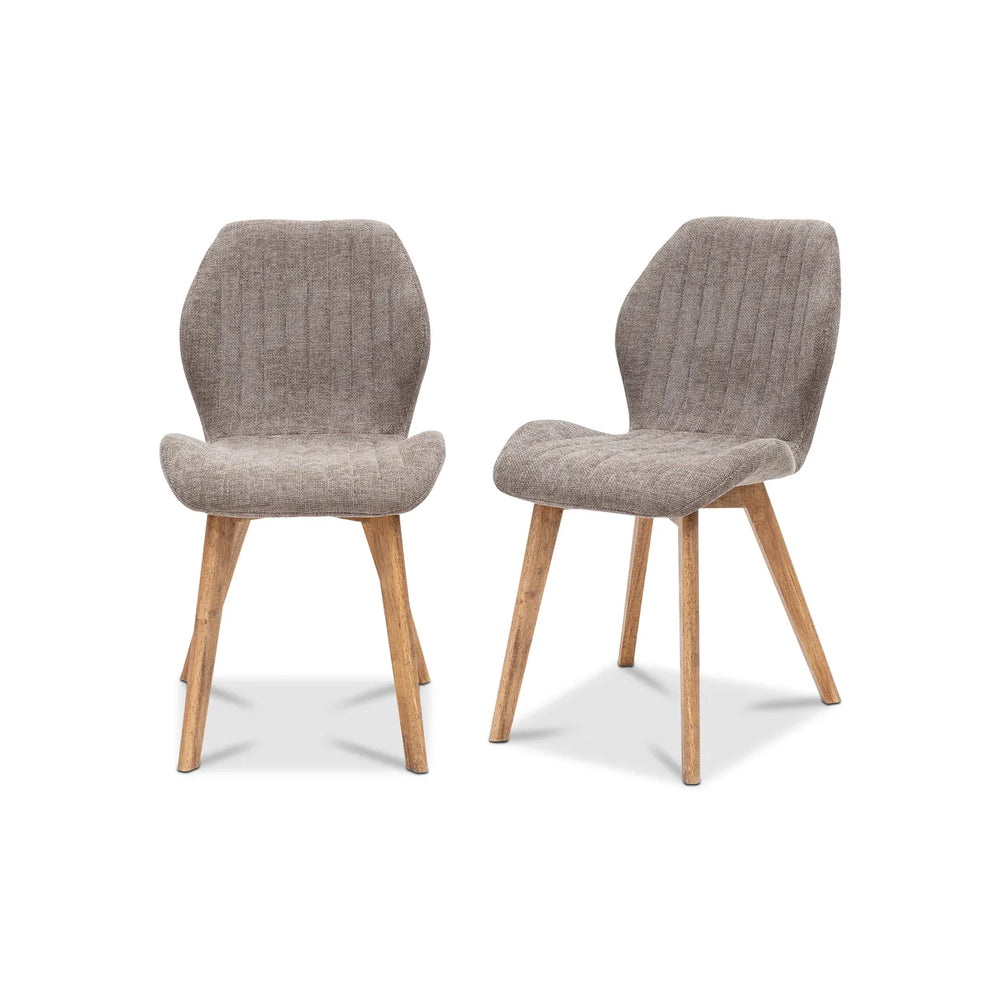 Two modern dining chairs with textured taupe bouclé seats and backs and light natural wood legs, shown on a plain white background.