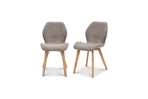 Two modern dining chairs with textured taupe bouclé seats and backs and light natural wood legs, shown on a plain white background.