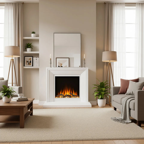 Modern electric fireplace showing 10 flame & fuel bed colors of Ezee Glow Daytona suite.