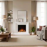 Modern electric fireplace showing 10 flame & fuel bed colors of Ezee Glow Daytona suite.