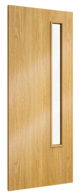 Oak internal door with vertical glazed panel and natural wood grain finish