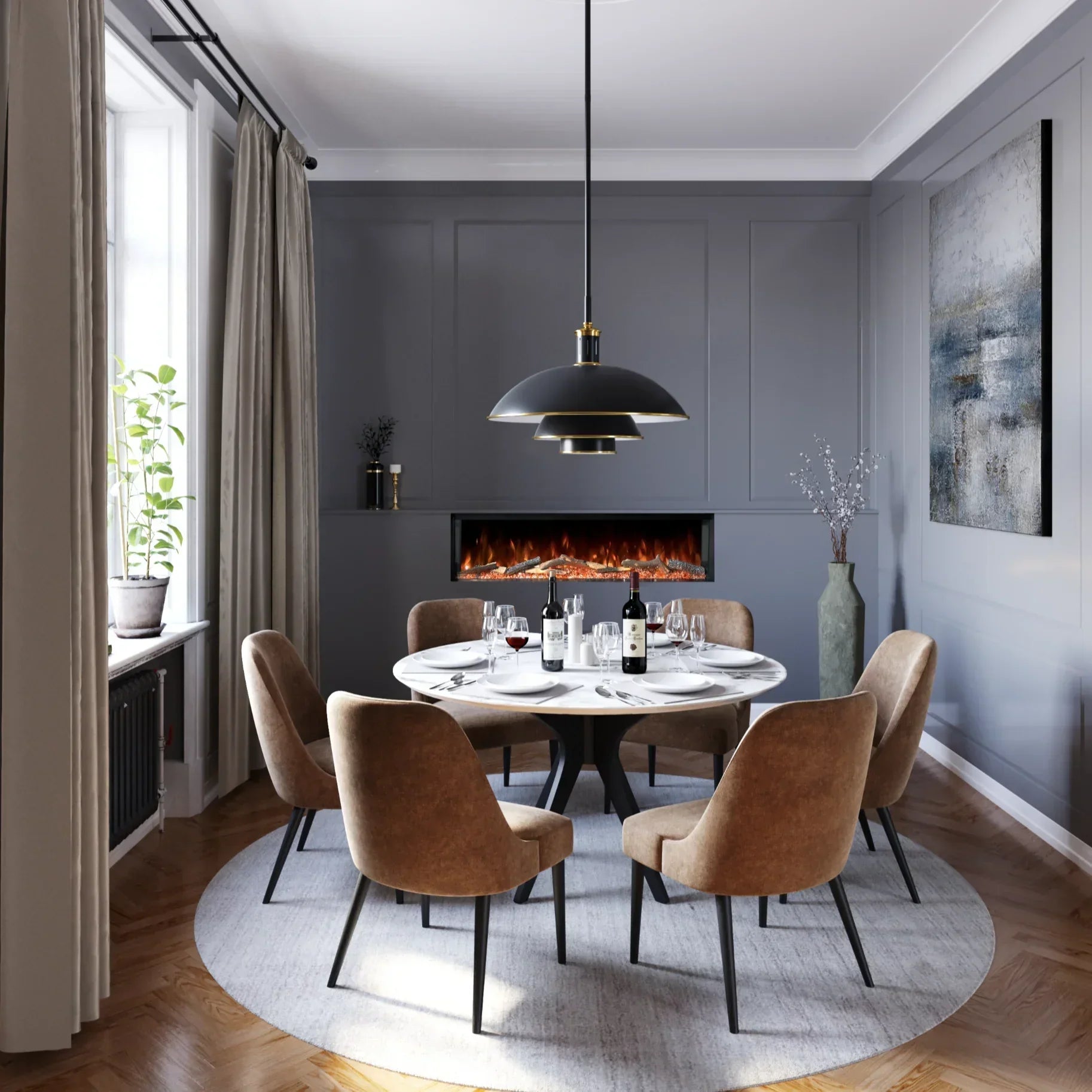 Modern dining room with round marble dining table, six tan chairs, and fireplace