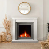 Modern electric fireplace with white mantel in neutral living room decor