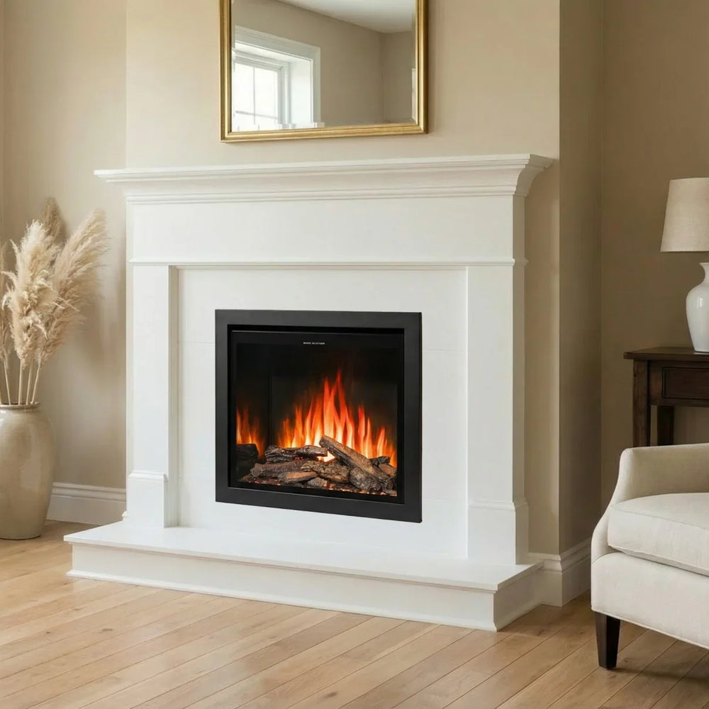 Ezee Glow E-Kinsale stove displays vibrant flame and fuel bed color options.