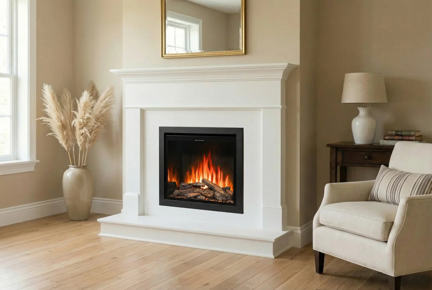 Ezee Glow E-Kinsale stove displays vibrant flame and fuel bed color options.