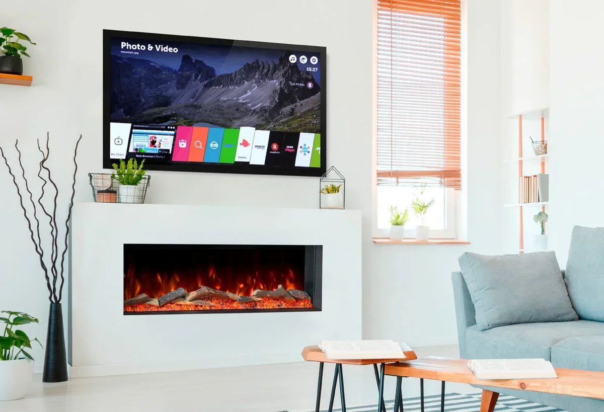 Modern electric fireplace with realistic flame effect in bright living room setting