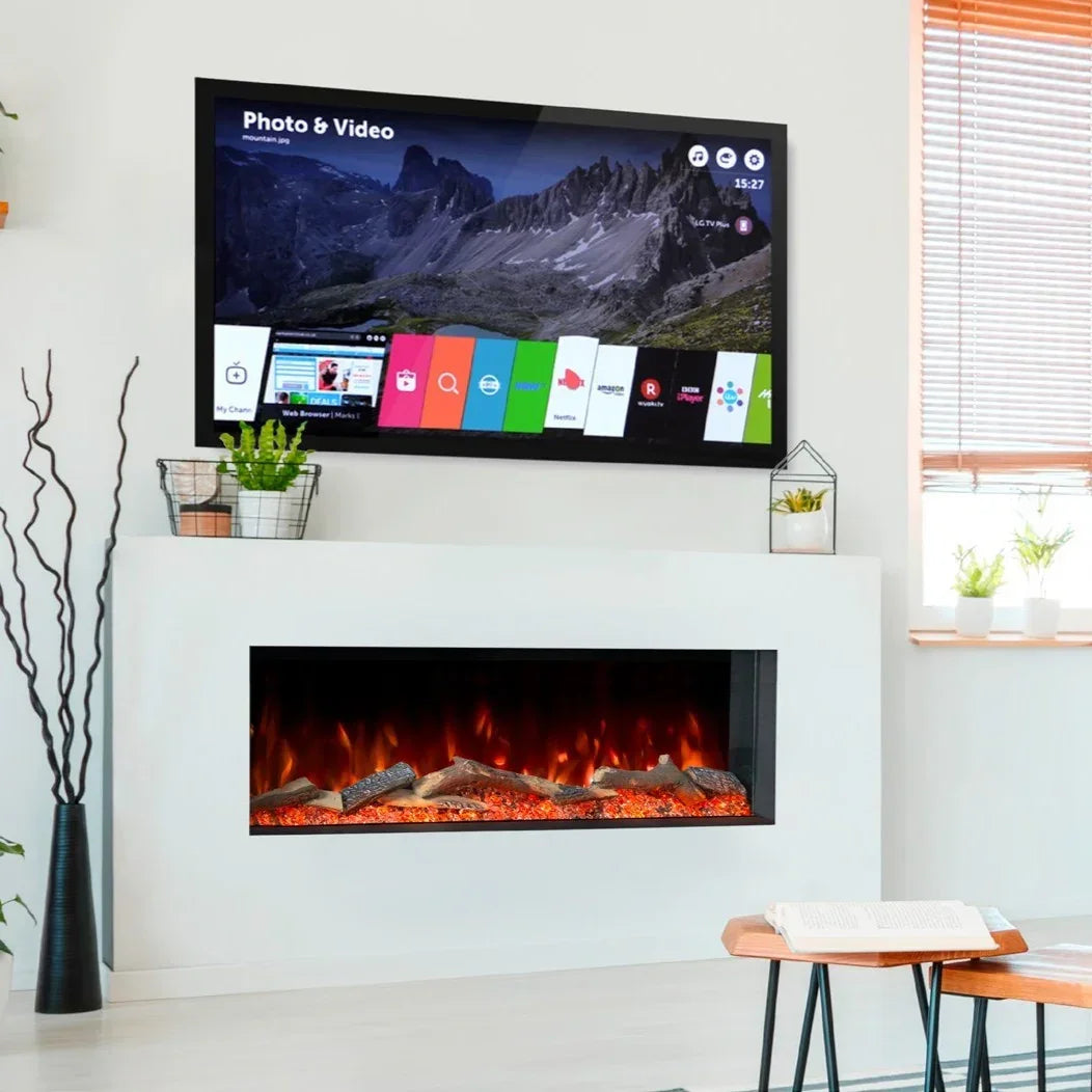 Modern linear electric fireplace with realistic log effect in contemporary living room