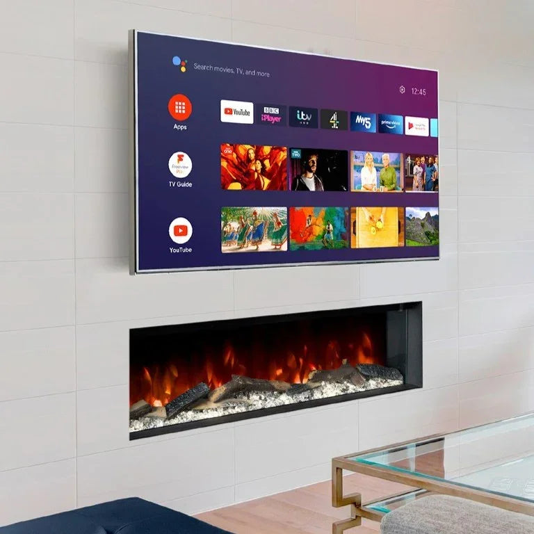 Modern electric fireplace with LED flame beneath wall-mounted smart TV in living room