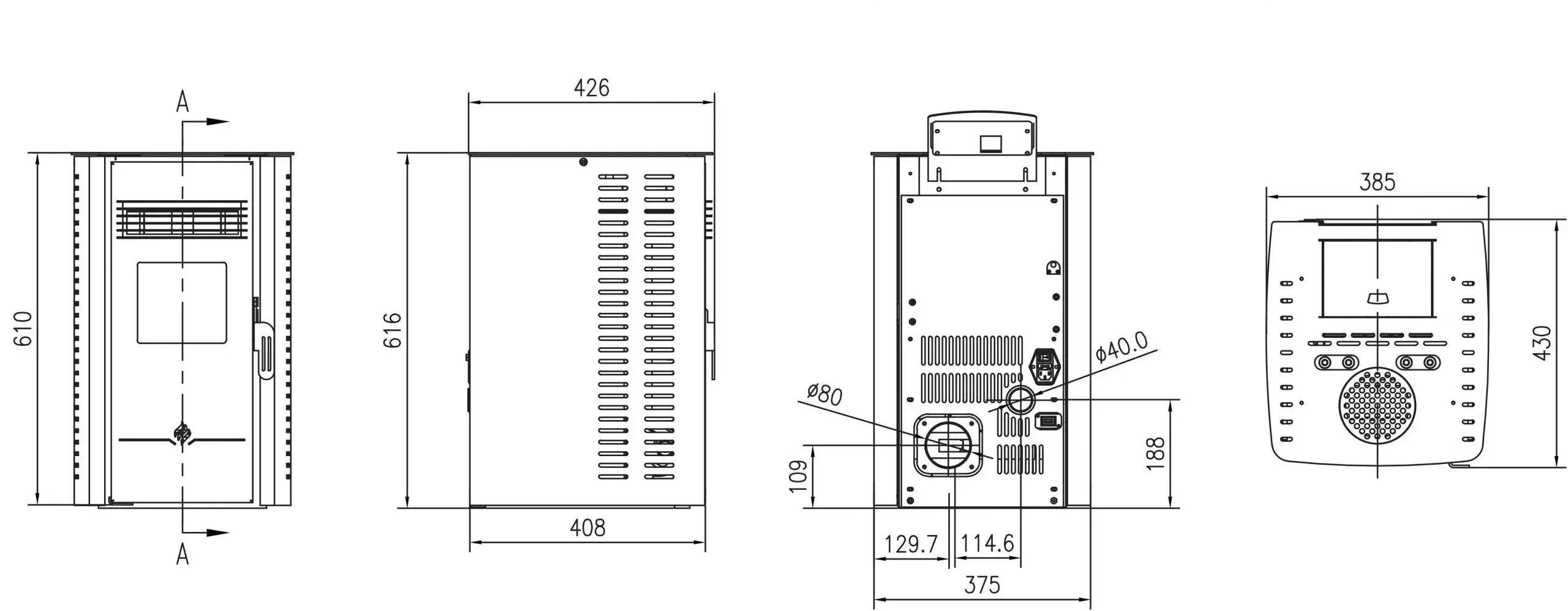 Technical line drawing showing four views with measurements of a rectangular home heater unit