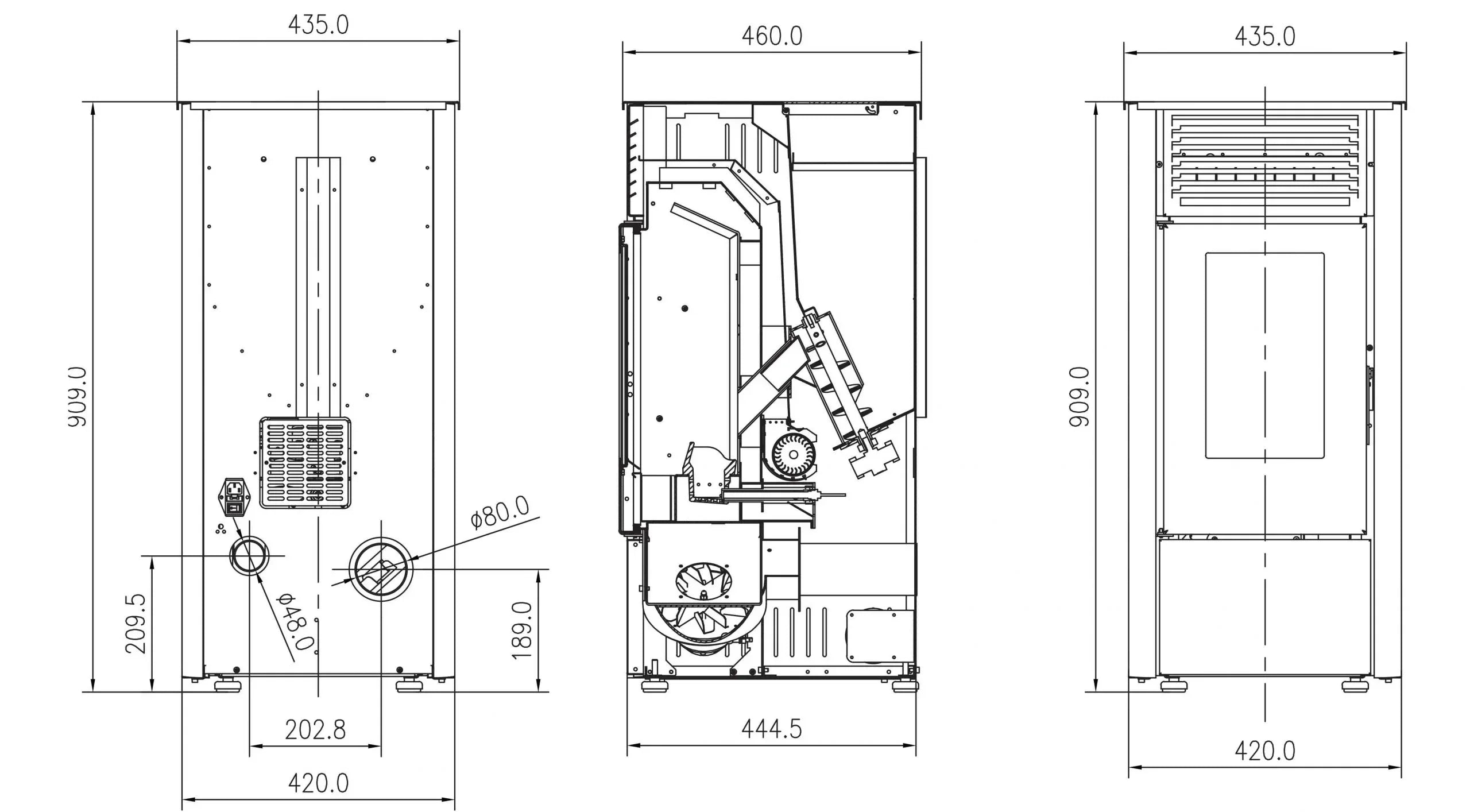 Technical drawing of rectangular stove with front, side, and rear elevation dimensions shown