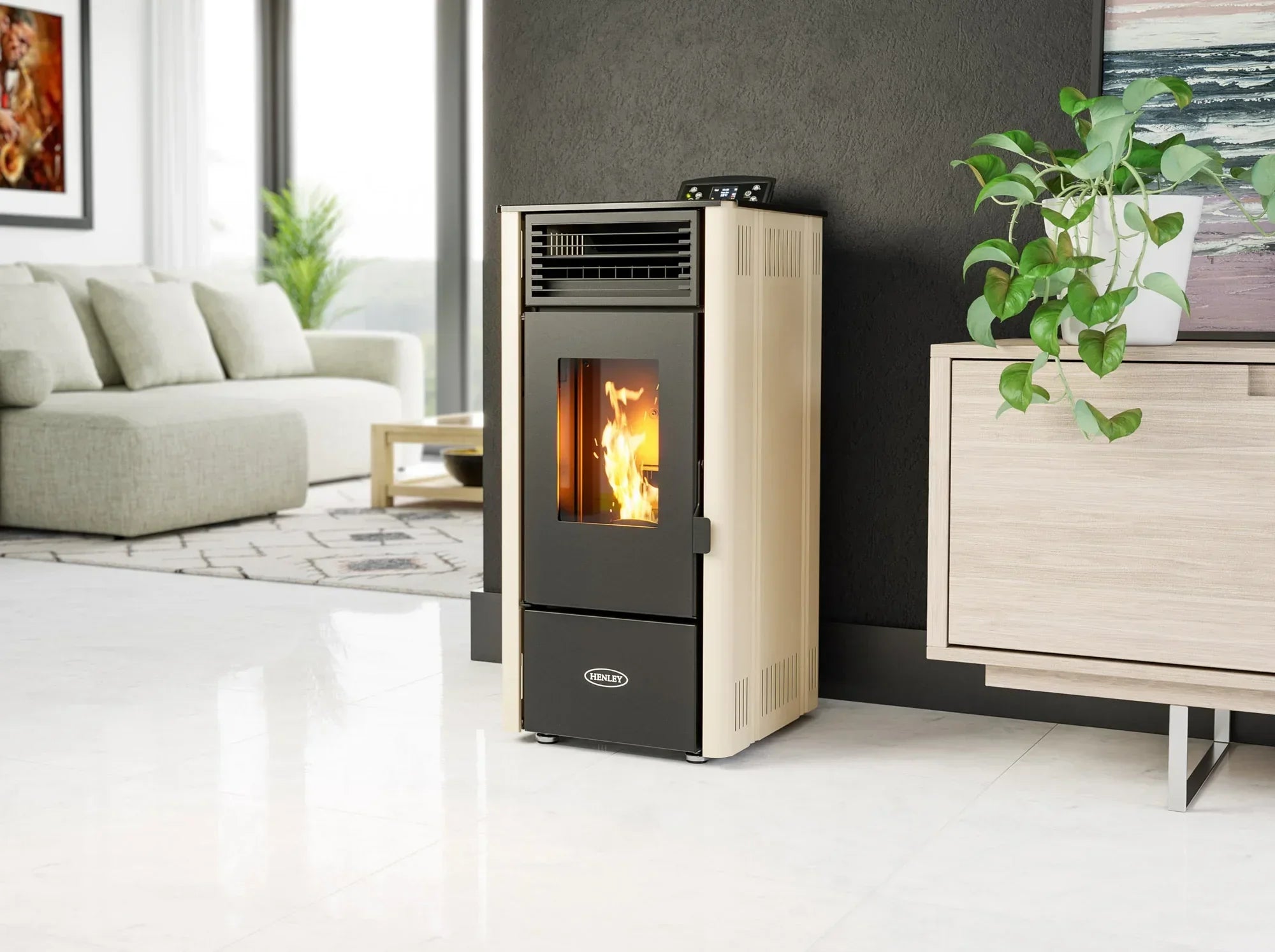 Modern beige wood burning stove with glass door in living room next to sofa and cabinet