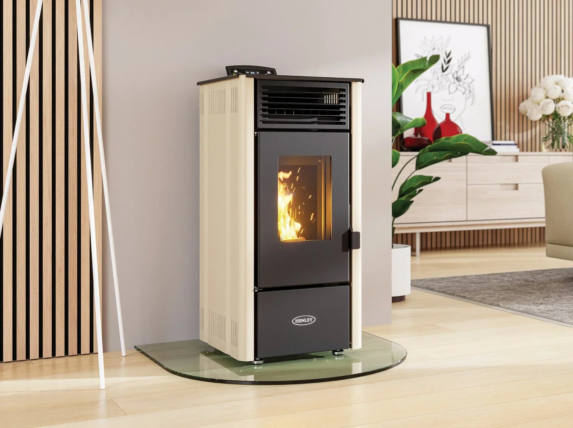 Cream freestanding stove with glass panel in modern living room on wooden floor