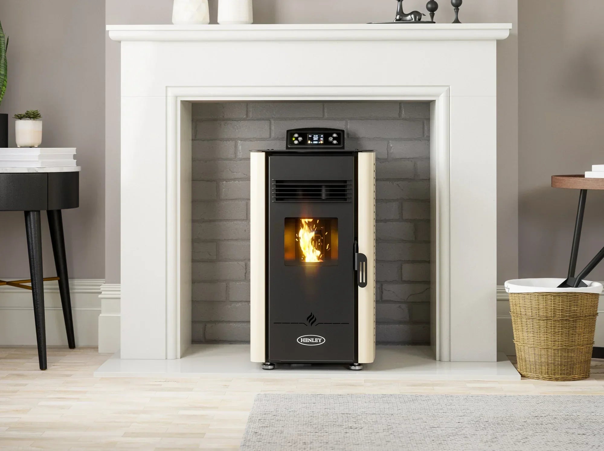 Cream pellet stove with glass window and digital display set in modern living room fireplace