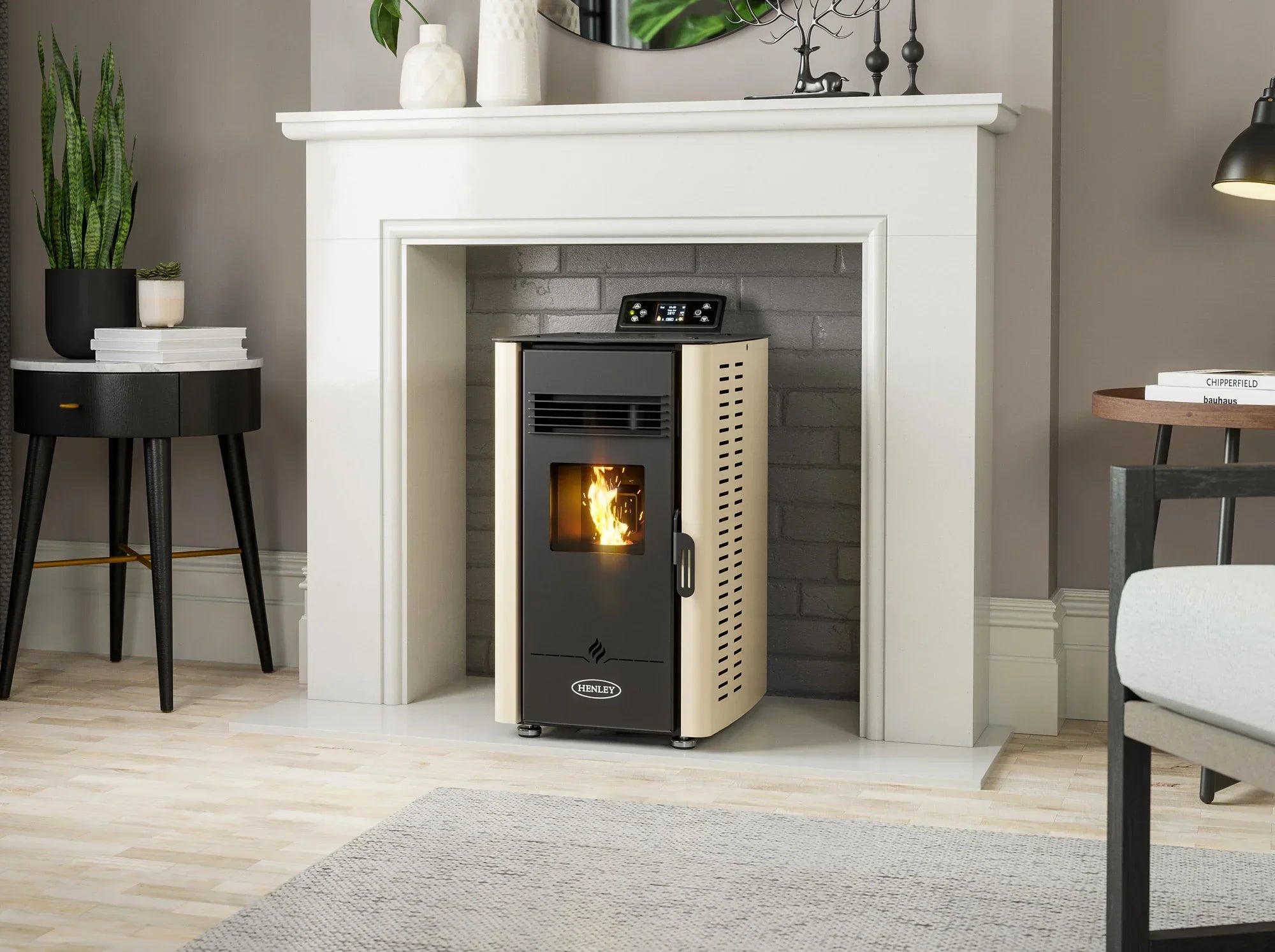 Cream freestanding wood pellet stove with digital controls in modern living room fireplace
