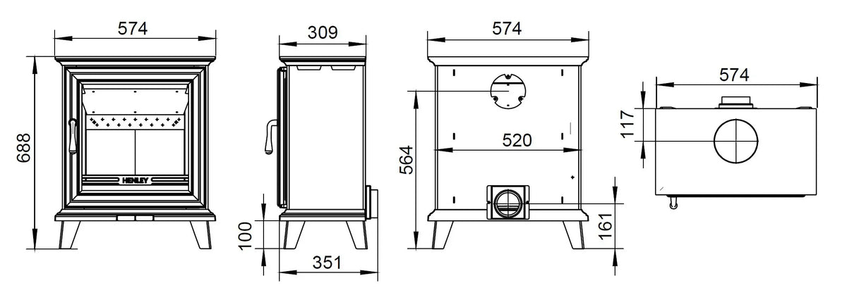 Wood burning stove technical drawing with front, side, top and back dimensions labeled