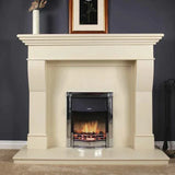Cream fireplace with chrome electric fire insert against dark wall, mantelpiece decor on top